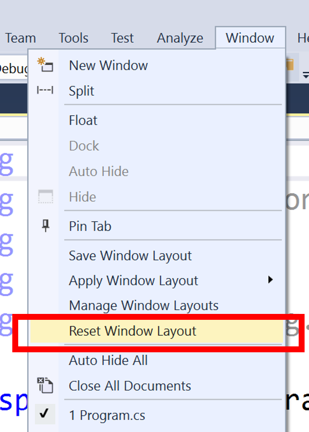 VS Layout resetten